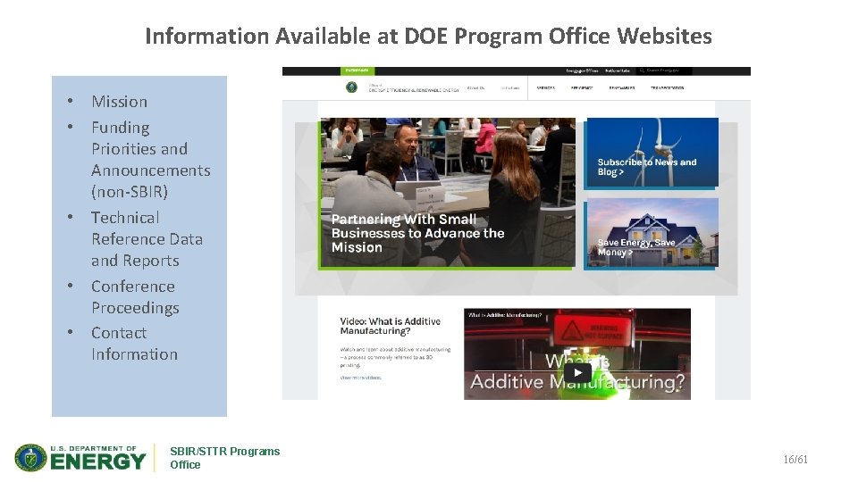 Information Available at DOE Program Office Websites • Mission • Funding Priorities and Announcements