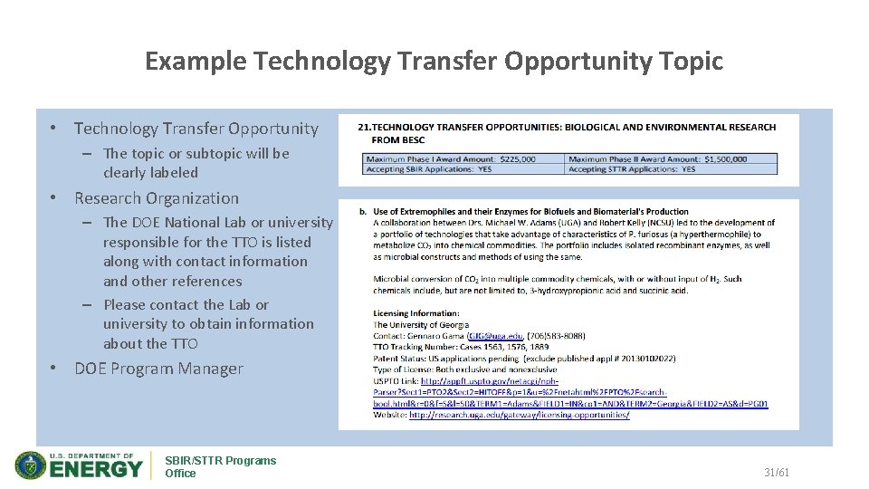 Example Technology Transfer Opportunity Topic • Technology Transfer Opportunity – The topic or subtopic