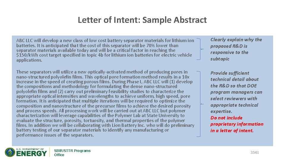 Letter of Intent: Sample Abstract ABC LLC will develop a new class of low