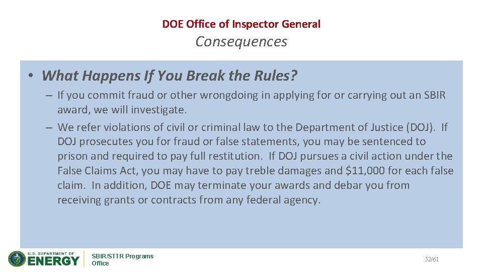 DOE Office of Inspector General Consequences • What Happens If You Break the Rules?