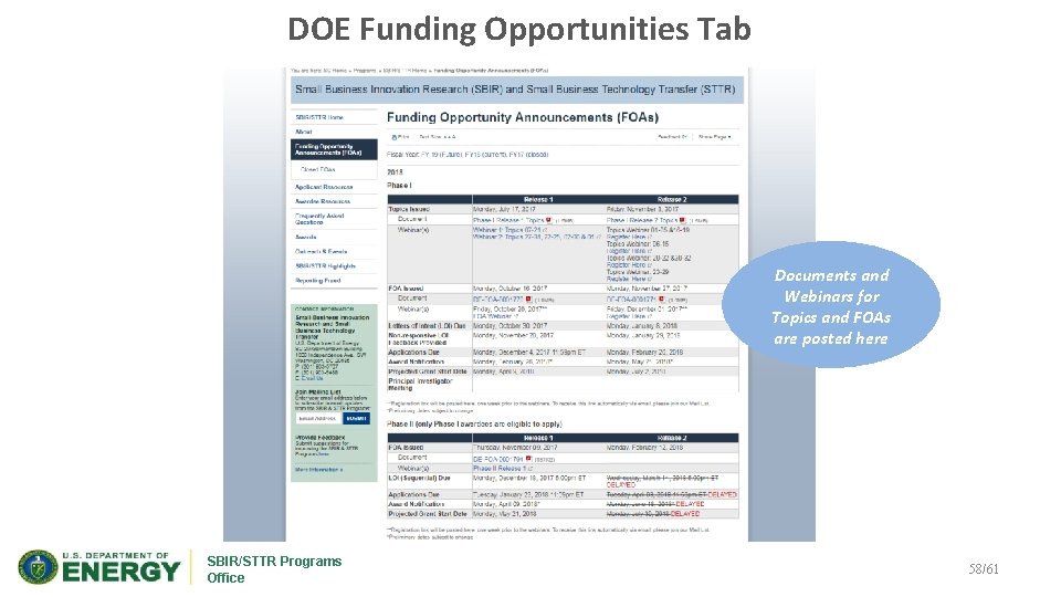 DOE Funding Opportunities Tab Documents and Webinars for Topics and FOAs are posted here