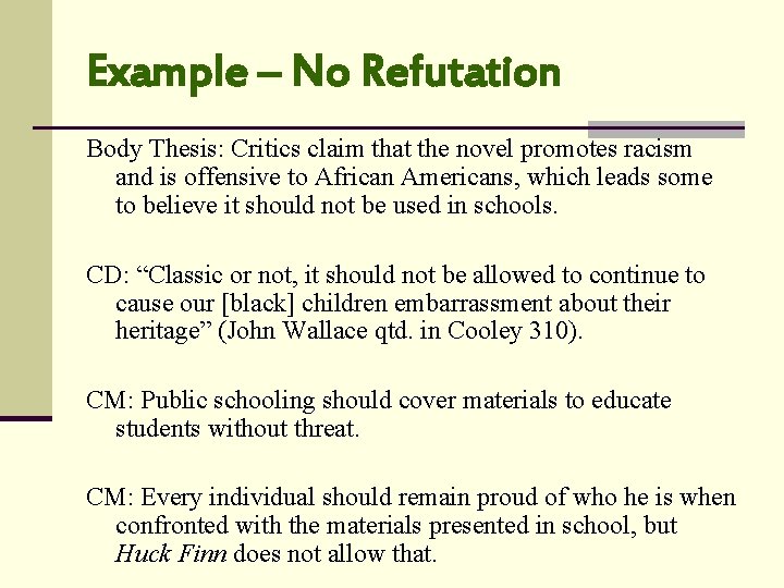Example – No Refutation Body Thesis: Critics claim that the novel promotes racism and