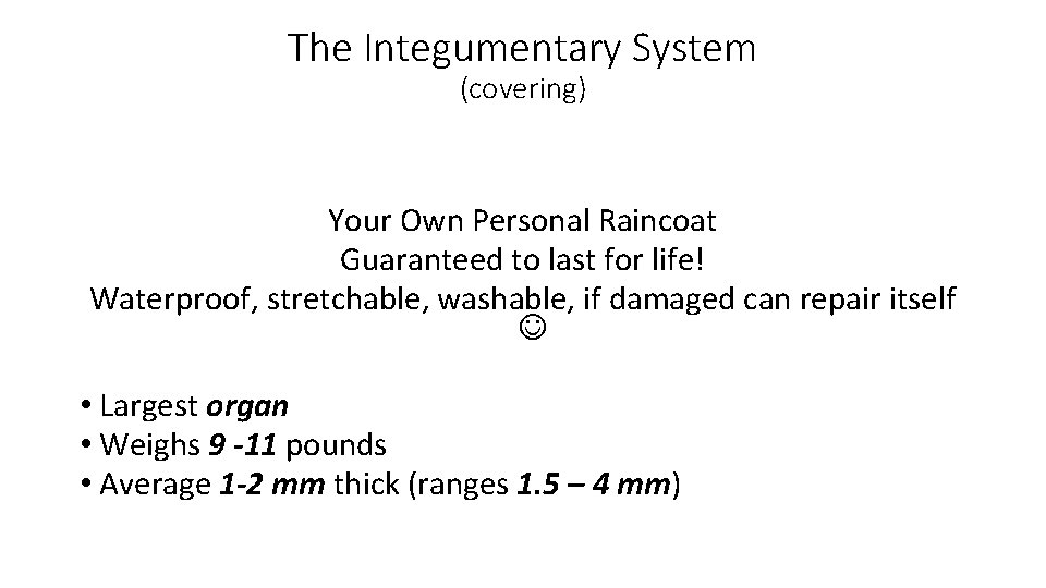 The Integumentary System (covering) Your Own Personal Raincoat Guaranteed to last for life! Waterproof,