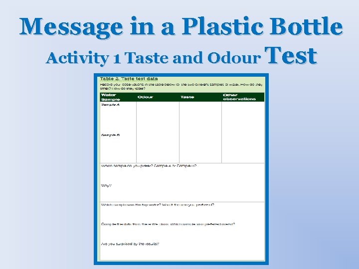 Message in a Plastic Bottle Activity 1 Taste and Odour Test 