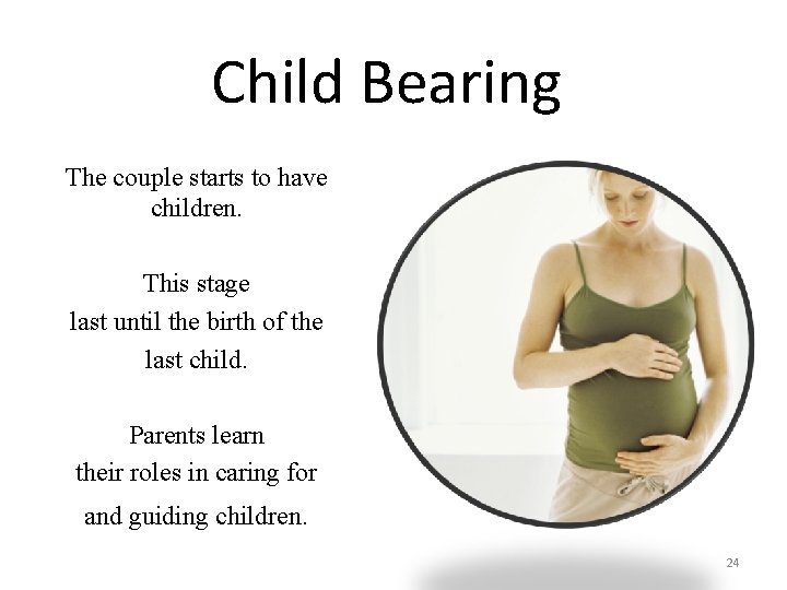 Child Bearing The couple starts to have children. This stage last until the birth