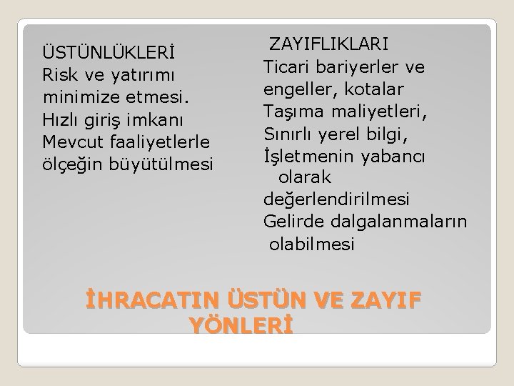 ÜSTÜNLÜKLERİ Risk ve yatırımı minimize etmesi. Hızlı giriş imkanı Mevcut faaliyetlerle ölçeğin büyütülmesi ZAYIFLIKLARI