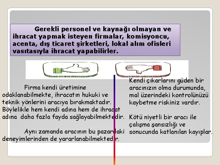 Gerekli personel ve kaynağı olmayan ve ihracat yapmak isteyen firmalar, komisyoncu, acenta, dış ticaret