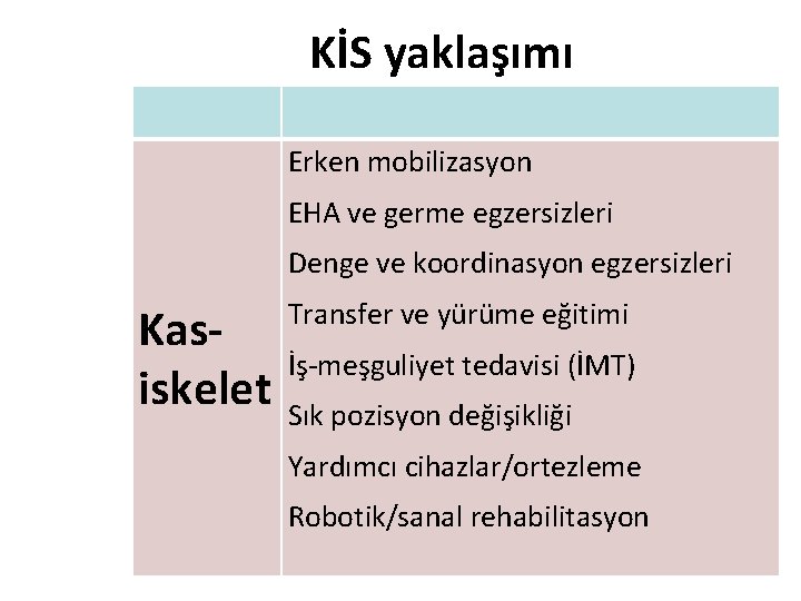 KİS yaklaşımı Erken mobilizasyon EHA ve germe egzersizleri Denge ve koordinasyon egzersizleri Kasiskelet Transfer