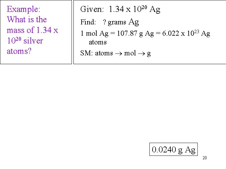Example: What is the mass of 1. 34 x 1020 silver atoms? Given: 1.