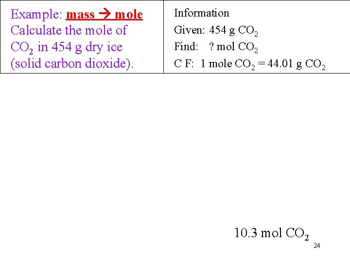 Example: mass mole Calculate the mole of CO 2 in 454 g dry ice Example: mass mole Calculate the mole of CO 2 in 454 g dry ice