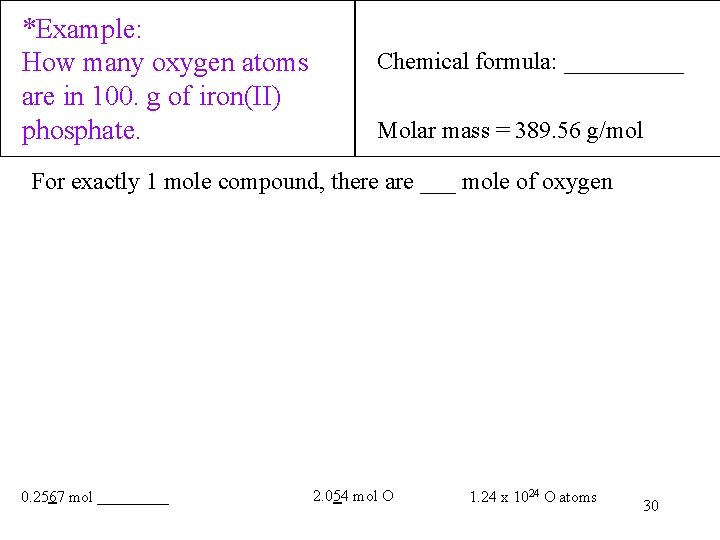 *Example: How many oxygen atoms are in 100. g of iron(II) phosphate. Chemical formula: