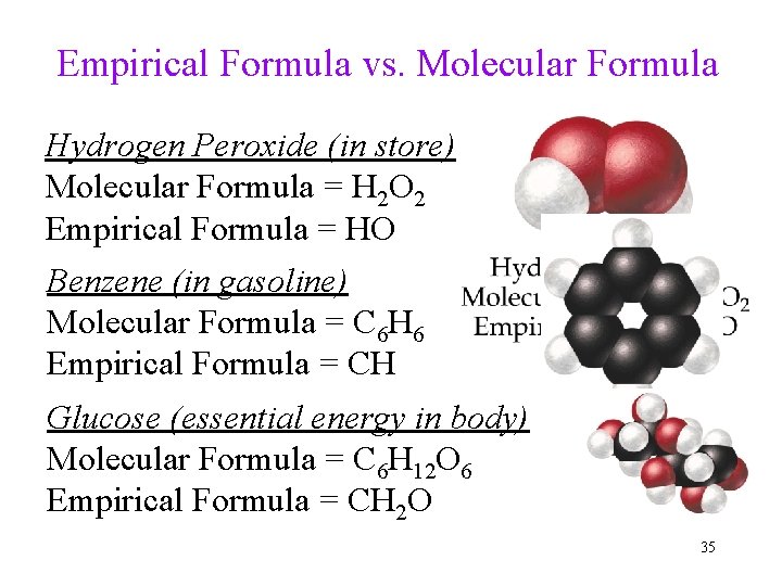 Empirical Formula vs. Molecular Formula Hydrogen Peroxide (in store) Molecular Formula = H 2