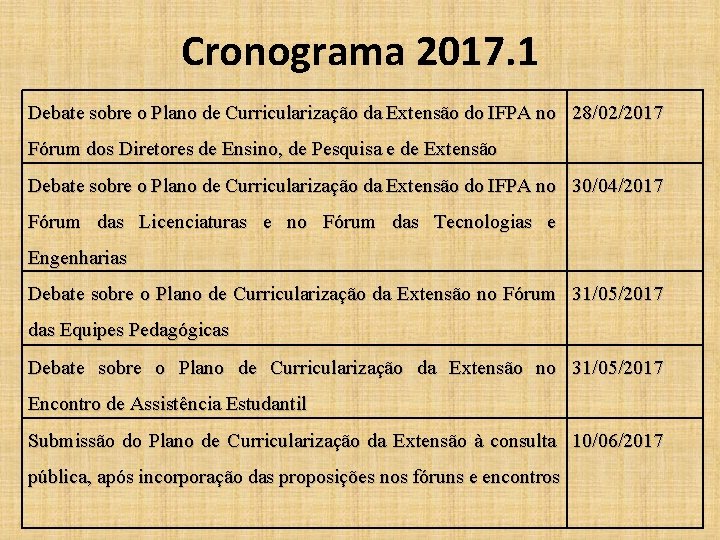 Cronograma 2017. 1 Debate sobre o Plano de Curricularização da Extensão do IFPA no