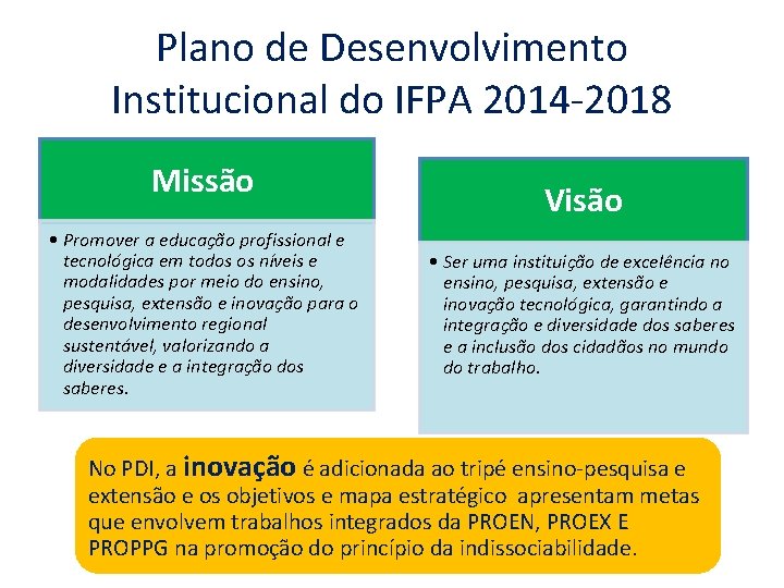 Plano de Desenvolvimento Institucional do IFPA 2014 -2018 Missão • Promover a educação profissional
