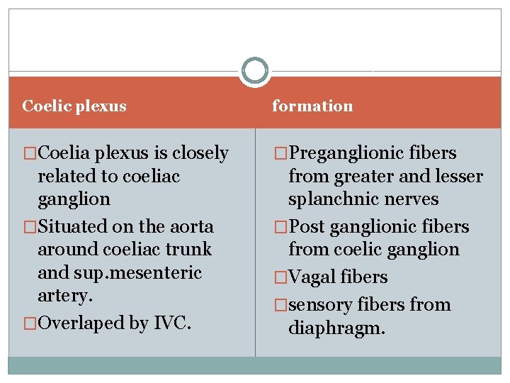 Coelic plexus formation �Coelia plexus is closely �Preganglionic fibers related to coeliac ganglion �Situated