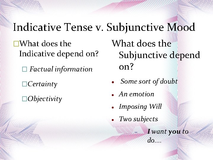 Indicative Tense v. Subjunctive Mood �What does the Indicative depend on? � Factual information
