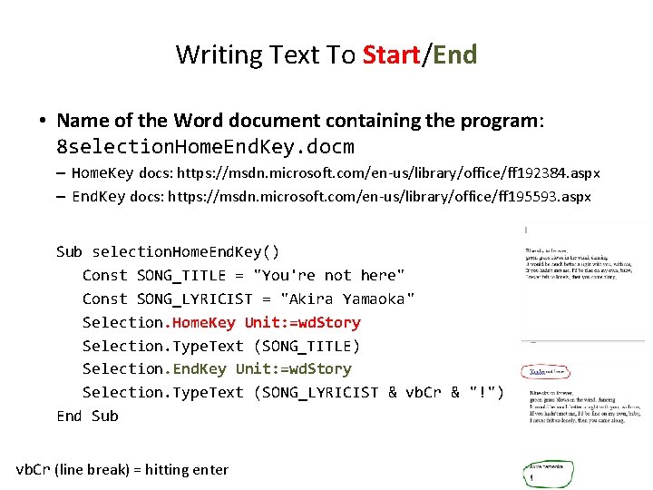 Writing Text To Start/End • Name of the Word document containing the program: 8