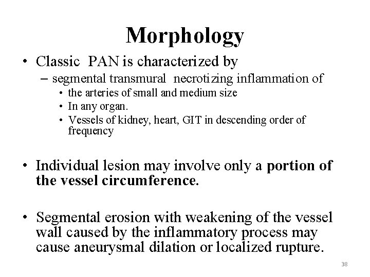 Morphology • Classic PAN is characterized by – segmental transmural necrotizing inflammation of •