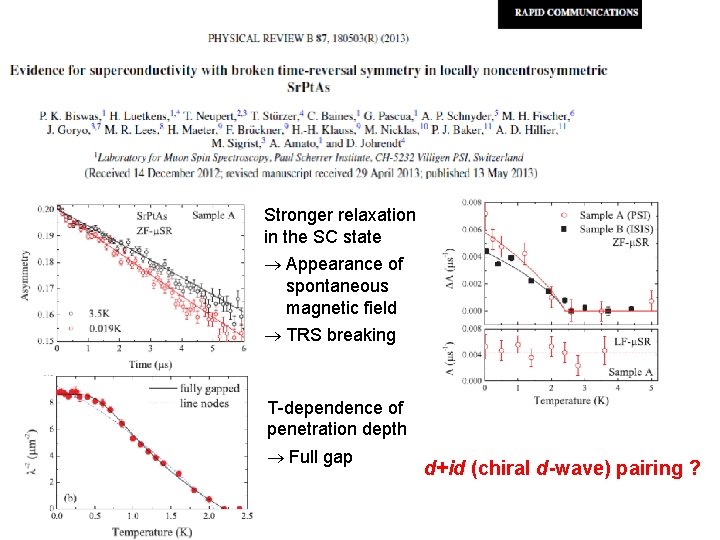 Stronger relaxation in the SC state Appearance of spontaneous magnetic field TRS breaking T-dependence