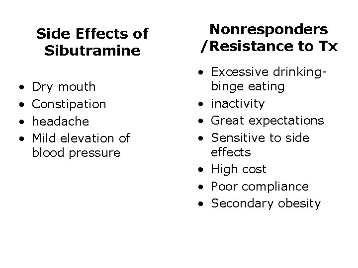 Side Effects of Sibutramine • • Dry mouth Constipation headache Mild elevation of blood