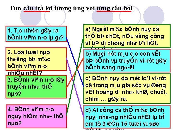 Tìm câu trả lời tương ứng với từng câu hỏi. 1. T¸c nh©n g©y