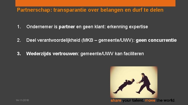 Partnerschap: transparantie over belangen en durf te delen 1. Ondernemer is partner en geen