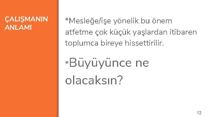 ÇALIŞMANIN ANLAMI *Mesleğe/işe yönelik bu önem atfetme çok küçük yaşlardan itibaren toplumca bireye hissettirilir.