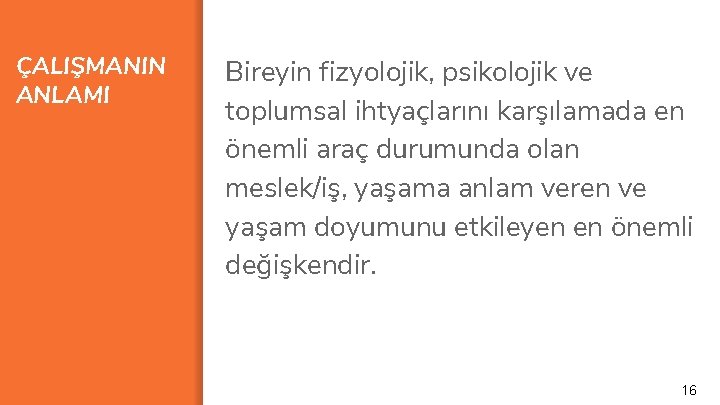 ÇALIŞMANIN ANLAMI Bireyin fizyolojik, psikolojik ve toplumsal ihtyaçlarını karşılamada en önemli araç durumunda olan