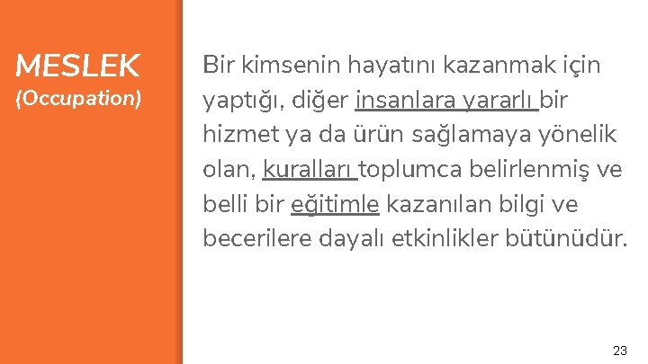 MESLEK (Occupation) Bir kimsenin hayatını kazanmak için yaptığı, diğer insanlara yararlı bir hizmet ya