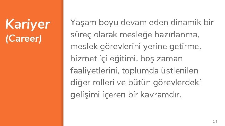 Kariyer (Career) Yaşam boyu devam eden dinamik bir süreç olarak mesleğe hazırlanma, meslek görevlerini