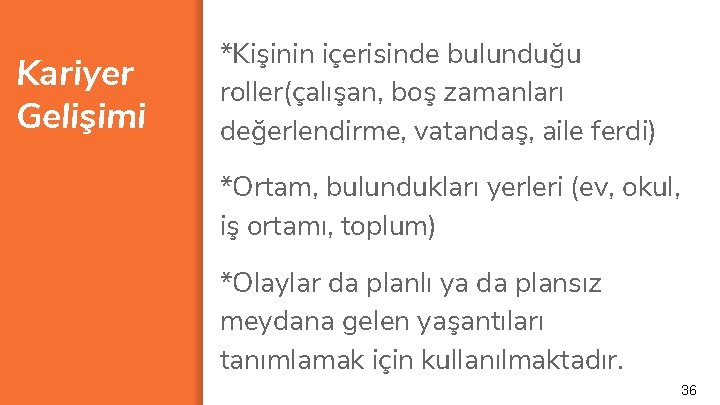 Kariyer Gelişimi *Kişinin içerisinde bulunduğu roller(çalışan, boş zamanları değerlendirme, vatandaş, aile ferdi) *Ortam, bulundukları