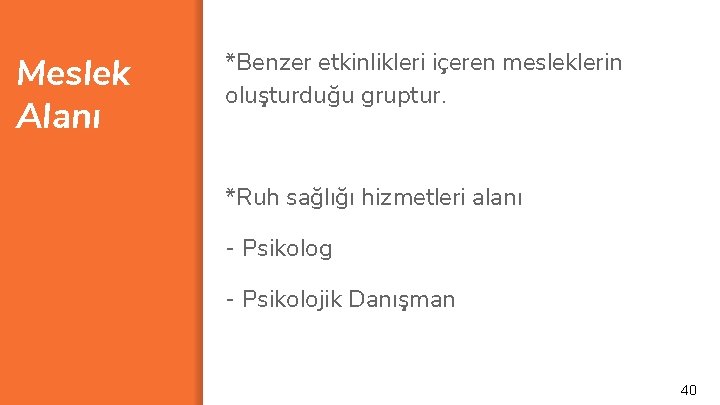 Meslek Alanı *Benzer etkinlikleri içeren mesleklerin oluşturduğu gruptur. *Ruh sağlığı hizmetleri alanı - Psikolog