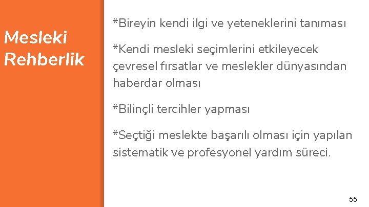 Mesleki Rehberlik *Bireyin kendi ilgi ve yeteneklerini tanıması *Kendi mesleki seçimlerini etkileyecek çevresel fırsatlar