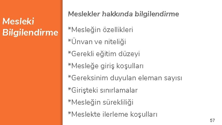 Mesleki Bilgilendirme Meslekler hakkında bilgilendirme *Mesleğin özellikleri *Ünvan ve niteliği *Gerekli eğitim düzeyi *Mesleğe