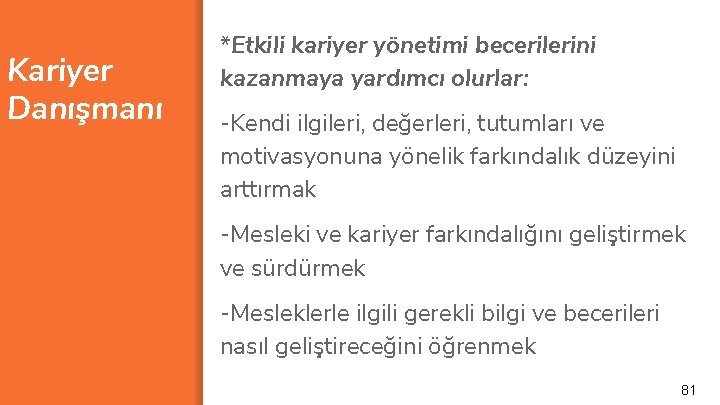 Kariyer Danışmanı *Etkili kariyer yönetimi becerilerini kazanmaya yardımcı olurlar: -Kendi ilgileri, değerleri, tutumları ve