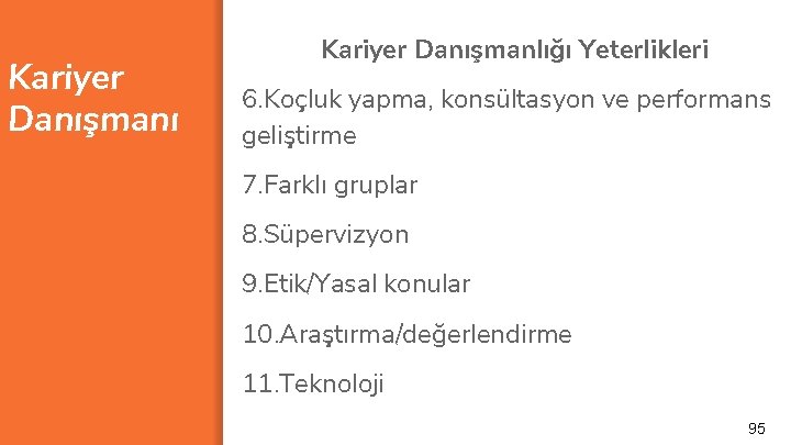 Kariyer Danışmanı Kariyer Danışmanlığı Yeterlikleri 6. Koçluk yapma, konsültasyon ve performans geliştirme 7. Farklı