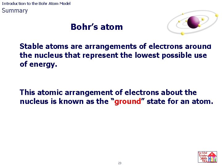 Introduction to the Bohr Atom Model Summary Bohr’s atom Stable atoms are arrangements of