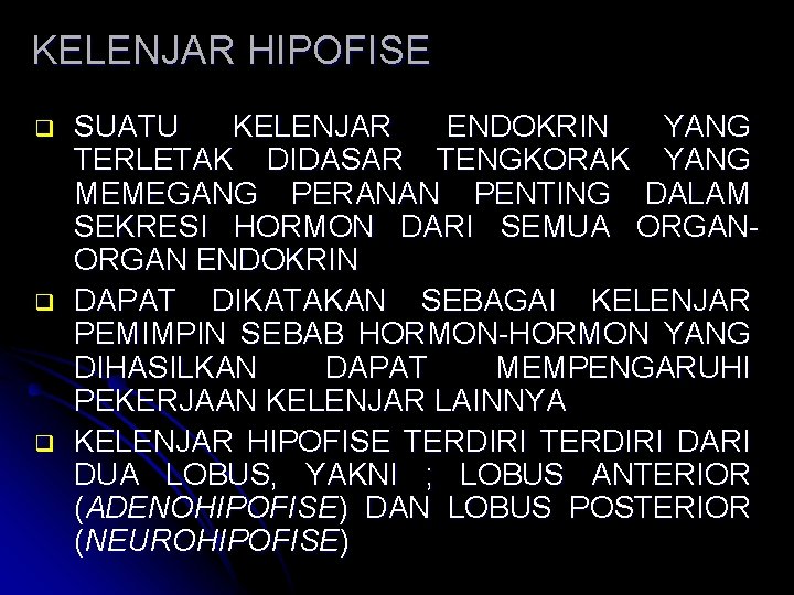 KELENJAR HIPOFISE q q q SUATU KELENJAR ENDOKRIN YANG TERLETAK DIDASAR TENGKORAK YANG MEMEGANG