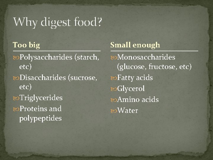 Why digest food? Too big Small enough Polysaccharides (starch, Monosaccharides etc) Disaccharides (sucrose, etc)