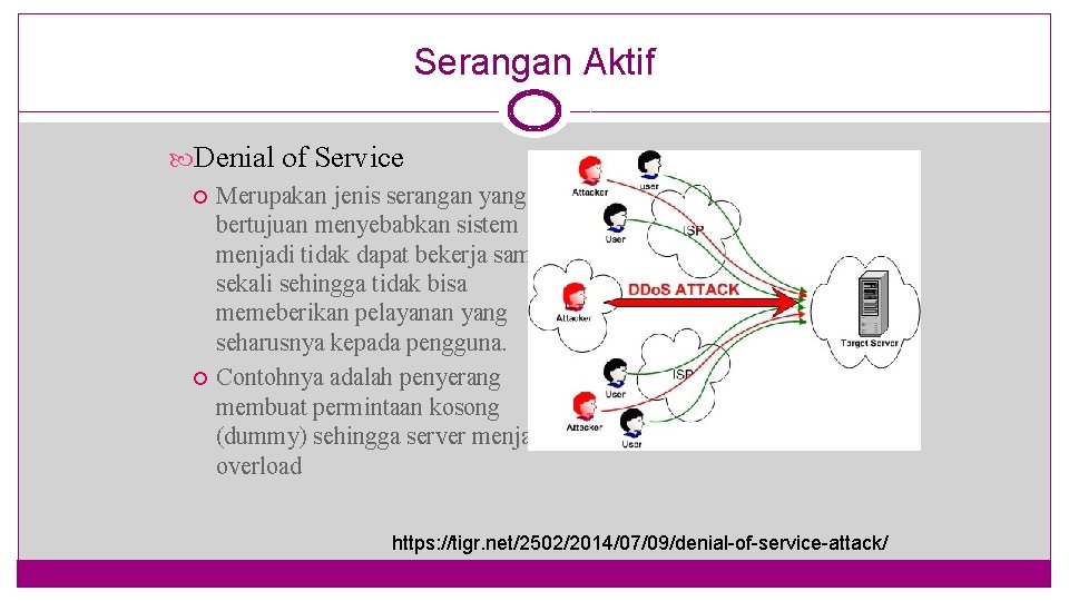 Serangan Aktif Denial of Service Merupakan jenis serangan yang bertujuan menyebabkan sistem menjadi tidak