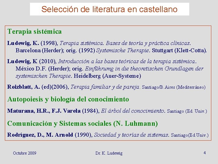 Selección de literatura en castellano Terapia sistémica Ludewig, K. (1998), Terapia sistémica. Bases de