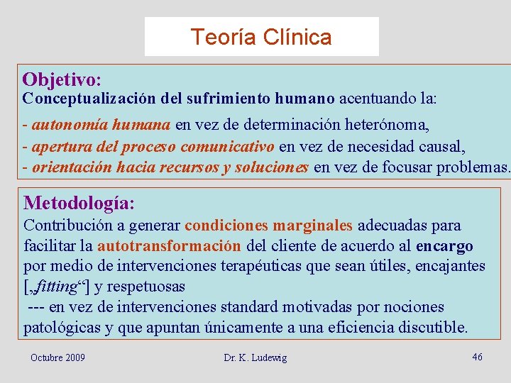 Teoría Clínica Objetivo: Conceptualización del sufrimiento humano acentuando la: - autonomía humana en vez