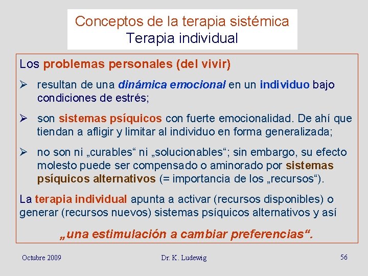 Conceptos de la terapia sistémica Terapia individual Los problemas personales (del vivir) Ø resultan