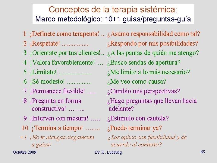 Conceptos de la terapia sistémica: Marco metodológico: 10+1 guías/preguntas-guía 1 2 3 4 5