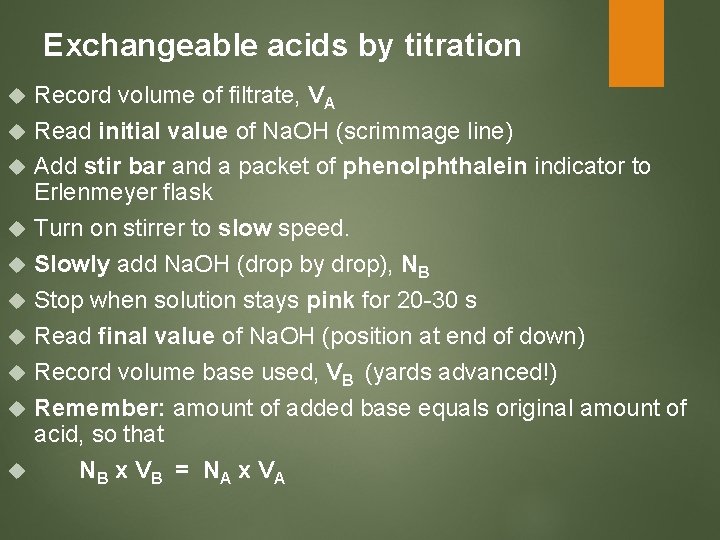 Exchangeable acids by titration Record volume of filtrate, VA Read initial value of Na.