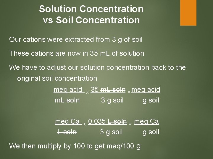 Solution Concentration vs Soil Concentration Our cations were extracted from 3 g of soil