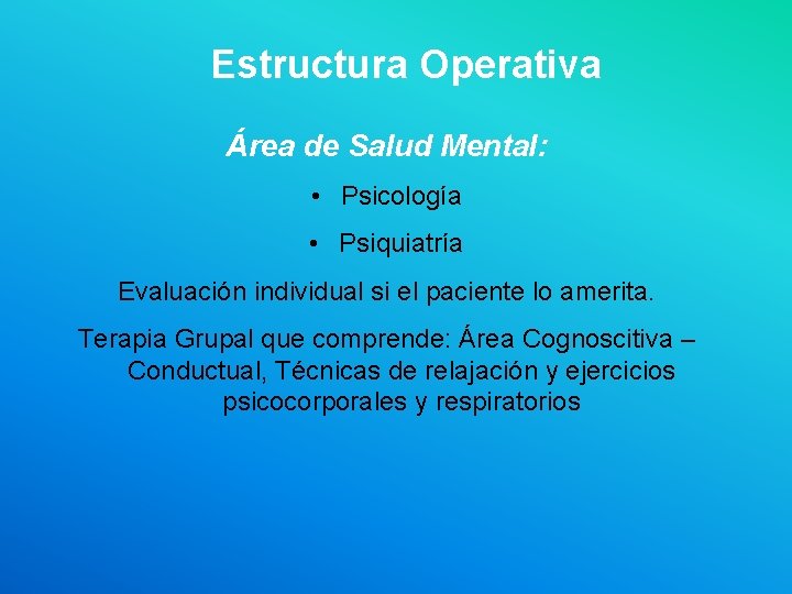 Estructura Operativa Área de Salud Mental: • Psicología • Psiquiatría Evaluación individual si el