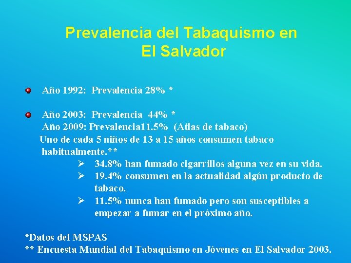 Prevalencia del Tabaquismo en El Salvador Año 1992: Prevalencia 28% * Año 2003: Prevalencia