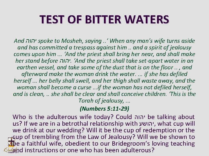 TEST OF BITTER WATERS And יהוה spoke to Mosheh, saying. . ‘ When any