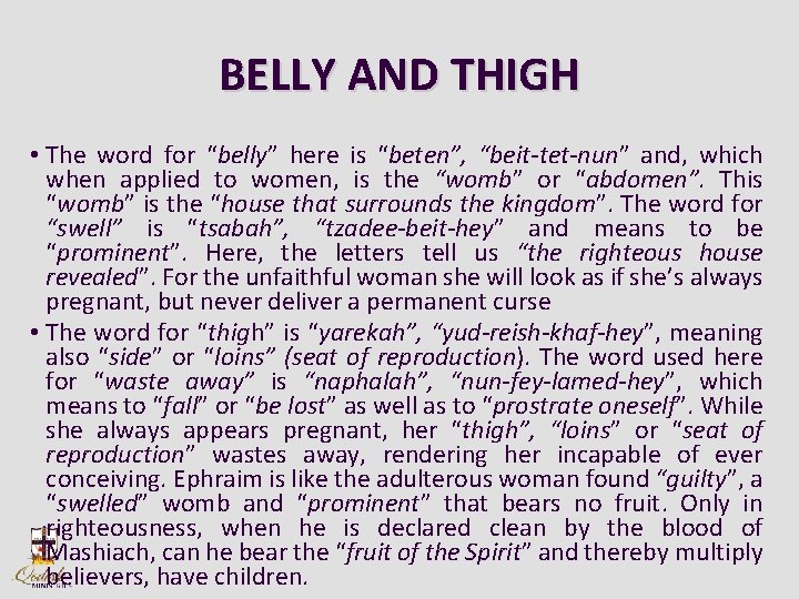 BELLY AND THIGH • The word for “belly” here is “beten”, “beit-tet-nun” and, which